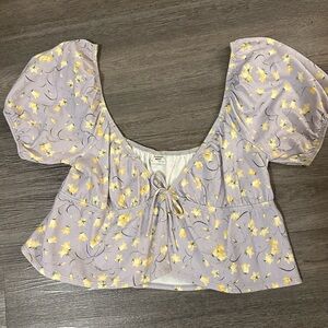 Aritzia Sunday Best, purple and yelloww floral crop top, puff sleeves, tie front